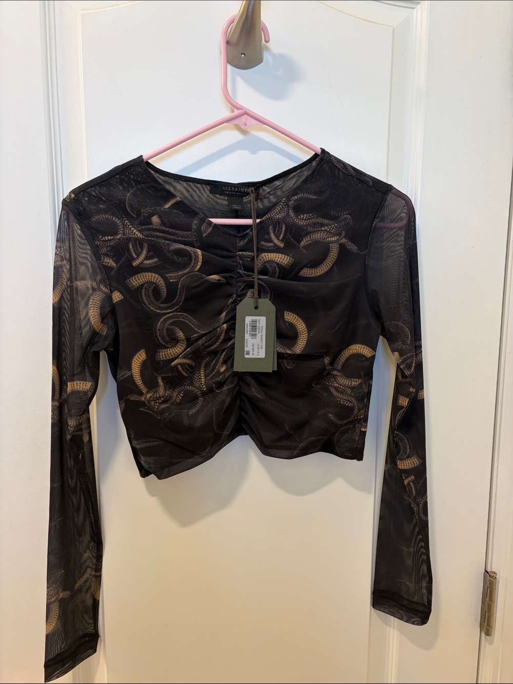 All Saints Cropped Black Sheer Ruched Long Sleeve Top with Snake Print